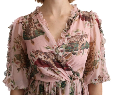 Dolce & Gabbana Pink Bengal Cat Print A-line Maxi Silk  Dress In Pink