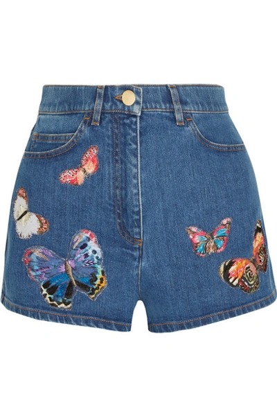 Valentino 'jamaica Butterflies' Embroidered Denim Shorts In Blue