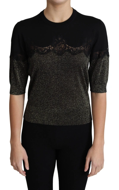 Shop Dolce & Gabbana Black Shiny Lurex Lace Insert Pullover Women's Top