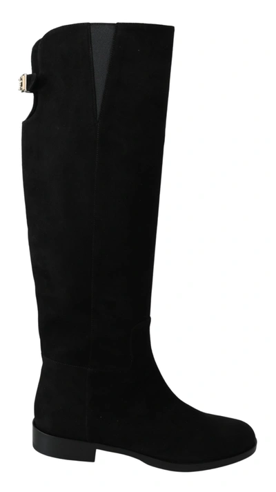 Dolce & Gabbana Black Suede Knee High Flat Boots Shoes In Black