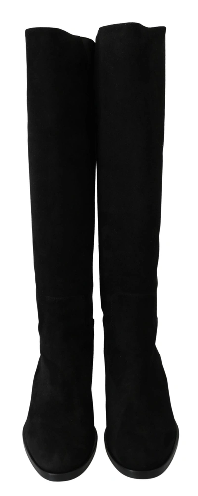 Dolce & Gabbana Black Suede Knee High Flat Boots Shoes In Black