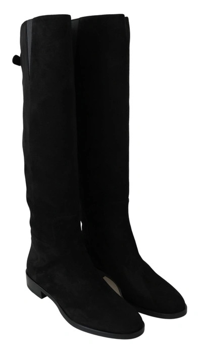 Dolce & Gabbana Black Suede Knee High Flat Boots Shoes In Black