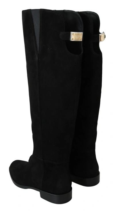 Dolce & Gabbana Black Suede Knee High Flat Boots Shoes In Black
