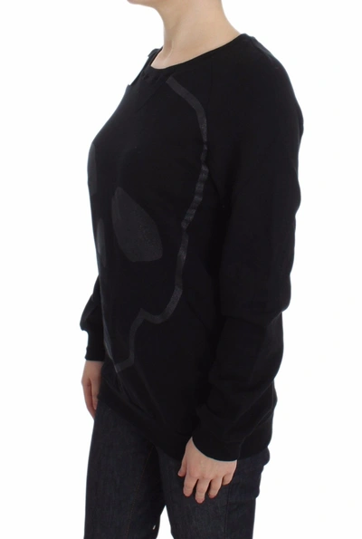 Exte Black Cotton Motive Print Crewneck Pullover Sweater In Black