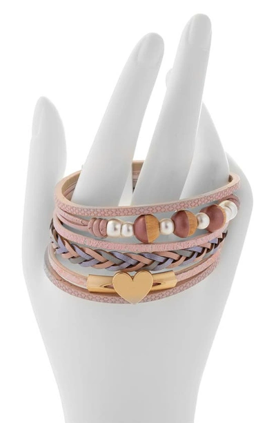 Shop Saachi Wooden Beaded Braided Leather Cuff Bracelet In Pink