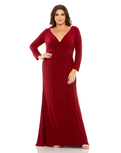 Shop Mac Duggal Long Sleeve V-neck Faux Wrap Gown In Burgundy