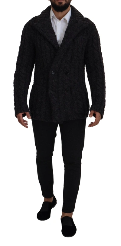 Shop Dolce & Gabbana Black Wool Knit Double Breasted Coat Men's Jacket