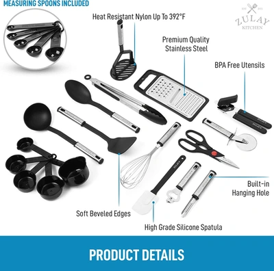 Zulay Kitchen Nylon Kitchen Utensils Stainless Steel Cooking Utensils - 23 Piece In Black