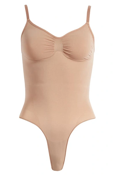 Skims Beige Seamless Sculpt Deep Plunge Thong Bodysuit In Sienna