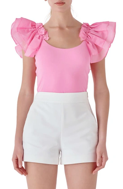 Shop Endless Rose Organza Ruffle Knit Top In Pink
