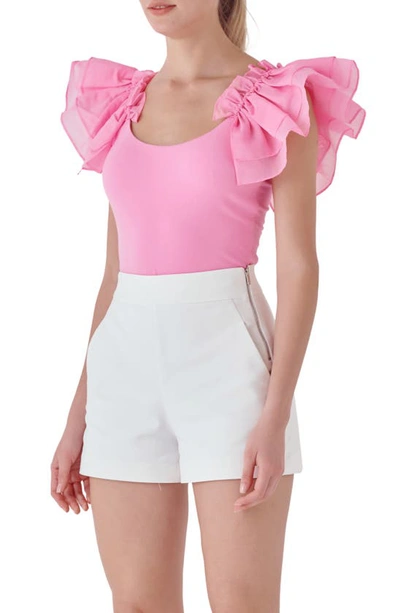 Shop Endless Rose Organza Ruffle Knit Top In Pink