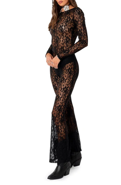 Shop Edikted Let It B Sheer Lace Open Back Jumpsuit In Black