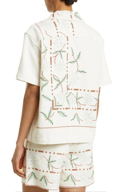 Shop Bode Gerber Border Short Sleeve Linen & Cotton Button-up Shirt In Ecru Multi