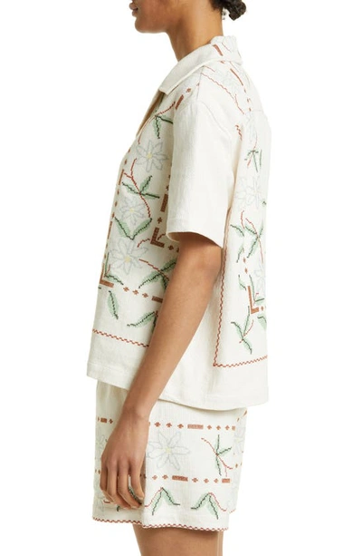 Shop Bode Gerber Border Short Sleeve Linen & Cotton Button-up Shirt In Ecru Multi