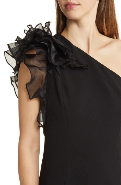 Shop Marina Ruffle One-shoulder Crepe Gown In Black