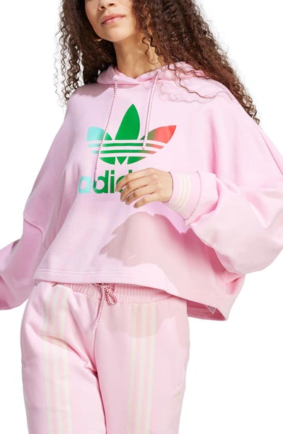 Shop Adidas Originals Adicolor Trefoil French Terry Crop Hoodie In True Pink