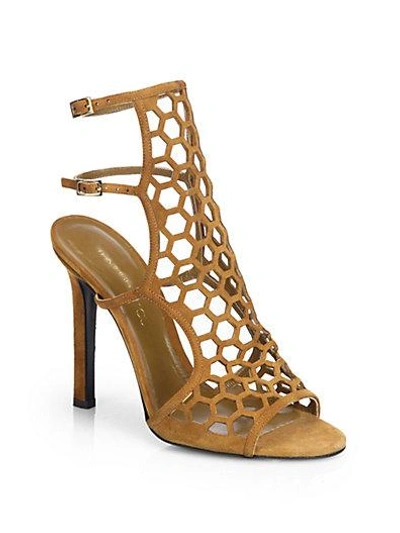 Shop Tamara Mellon Scandal  Honeycomb Suede Sandals In Tan