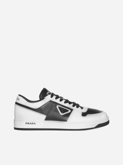 Shop Prada Downtown Leather Sneakers In Black,white