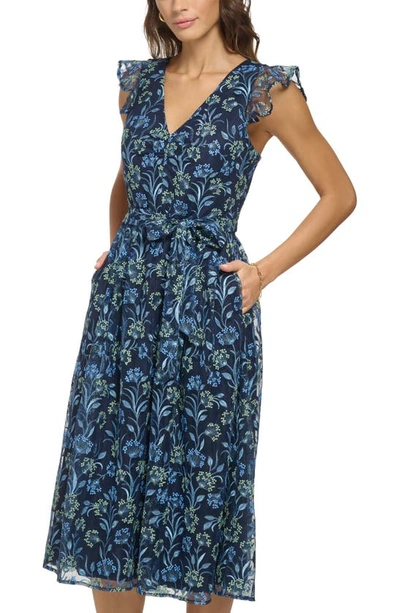 Shop Kensie Floral Embroidered Maxi Dress In Navy/ Green Mutli