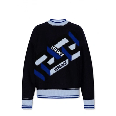Shop Versace Wool Logo Sweater In Blue