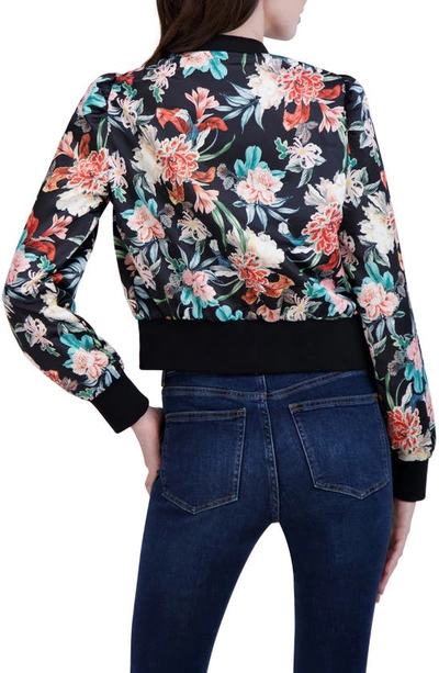 Ookie & Lala Women's Floral Satin Bomber Jacket In Black Floral