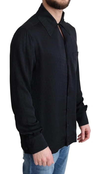 Shop Dolce & Gabbana Black Jacquard Silk Casual Button Down Men's Shirt