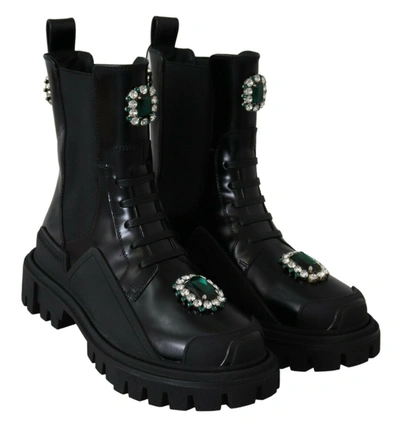 Shop Dolce & Gabbana Black Leather Crystal Combat Women's Boots