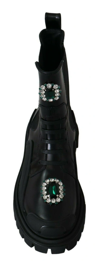 Shop Dolce & Gabbana Black Leather Crystal Combat Women's Boots