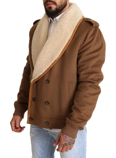 Dolce & Gabbana Brown Double Breasted Shearling Coat Jacket In Brown