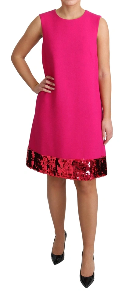 Dolce & Gabbana Fuchsia Wool Sequin Shift Sleeveless Dress In Pink