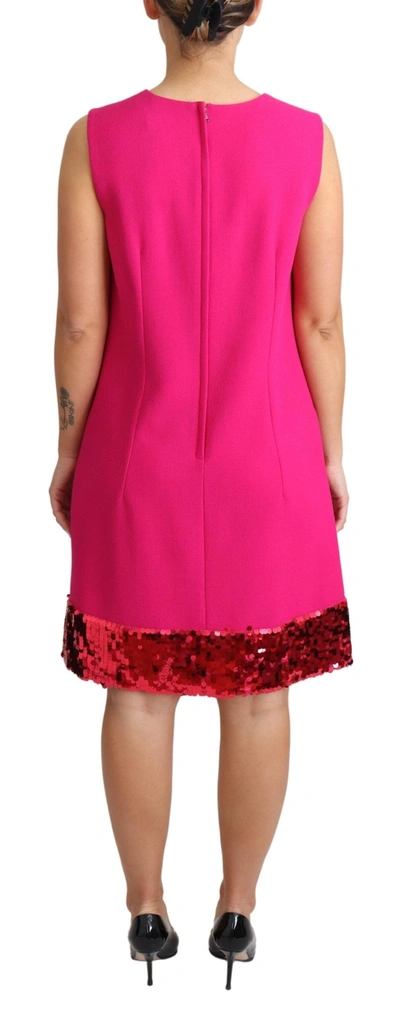 Dolce & Gabbana Fuchsia Wool Sequin Shift Sleeveless Dress In Pink