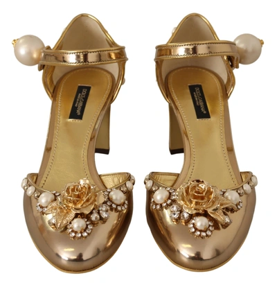 Shop Dolce & Gabbana Gold Leather Studded Crystal Ankle Strap Women's Shoes