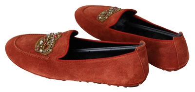 Shop Dolce & Gabbana Orange Leather Crystal Crown  Loafers Men's Shoes