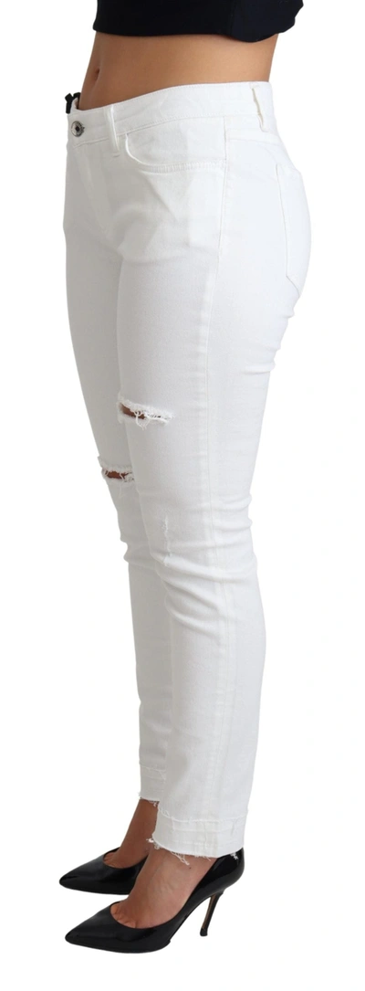 Shop Dolce & Gabbana White Tattered Skinny Denim Cotton Stretch Women's Jeans