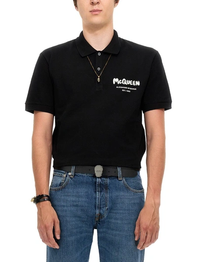 Shop Alexander Mcqueen Polo Shirt With Graffiti Logo Embroidery In Black