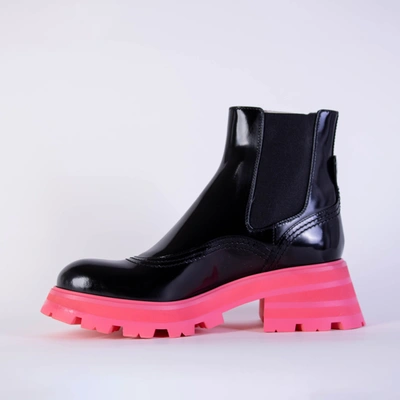 Shop Alexander Mcqueen Black Leather Fluo Pink Sole Chelsea Women's Boots