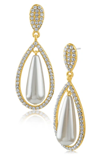 Shop Jardin Pavé Crystal Imitation Pearl Teardrop Earrings In White/ Clear/ Gold