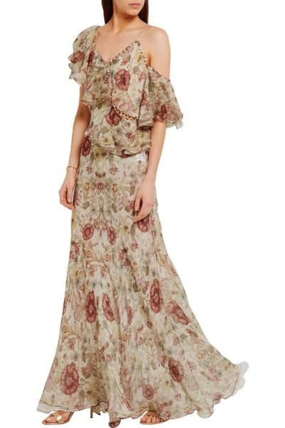 Shop Alexander Mcqueen Off-the-shoulder Ruffled Floral-print Silk-georgette Gown