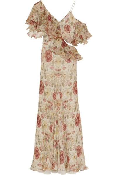 Shop Alexander Mcqueen Off-the-shoulder Ruffled Floral-print Silk-georgette Gown