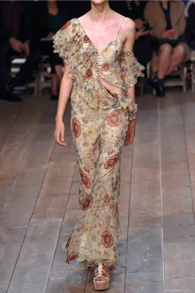 Shop Alexander Mcqueen Off-the-shoulder Ruffled Floral-print Silk-georgette Gown