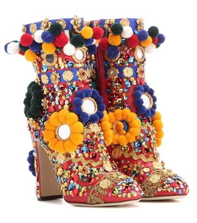 Dolce & Gabbana Embellished Leather Ankle Boots In Rosso Multi Colour