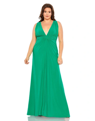 Shop Mac Duggal Draped V Neck Sleeveless A Line Gown In Jade