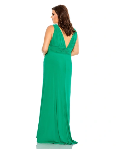 Shop Mac Duggal Draped V Neck Sleeveless A Line Gown In Jade