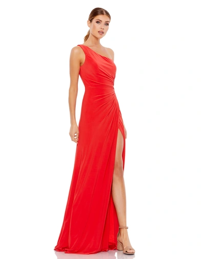 Shop Ieena For Mac Duggal One Shoulder Ruched Jersey Evening Gown In Cherry