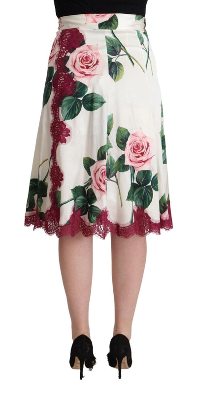 Shop Dolce & Gabbana White Rose Print High Waist Midi A-line Women's Skirt