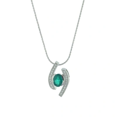 Shop Suzy Levian Modern 14k White Gold Emerald And Diamond 0.85 Tcw Birthstone Pendant In Green