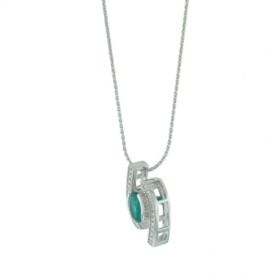 Shop Suzy Levian Modern 14k White Gold Emerald And Diamond 0.85 Tcw Birthstone Pendant In Green