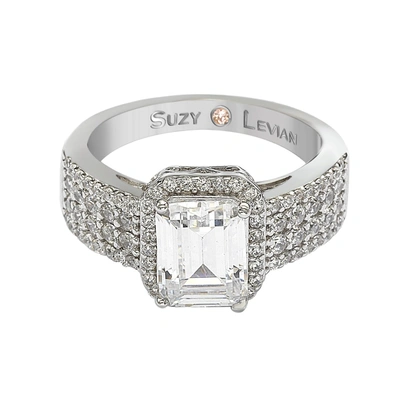Suzy Levian White Sterling Silver Emerald-cut White Cubic Zirconia Halo Ring