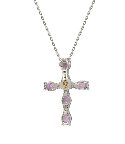 Suzy Levian Sterling Silver Pink Sapphire And Diamond Accent Cross Pendant In Pink