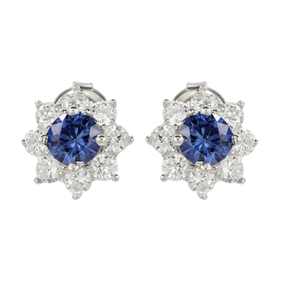 Suzy Levian Sterling Silver Blue Sapphire Flower Halo Stud Earrings In Blue